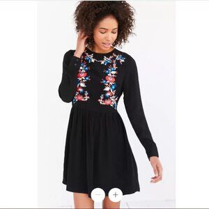 Urban Outfitters Boho Black Dress with Floral Embroidery
